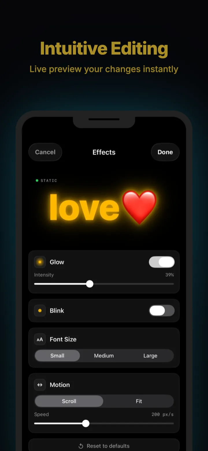 Effects panel with glow, blink, font size and motion controls